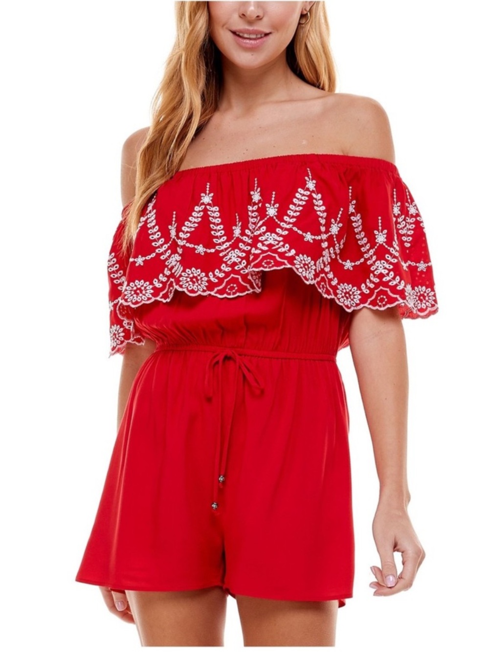 Kingston Red Off-Shoulder Embroidered Romper